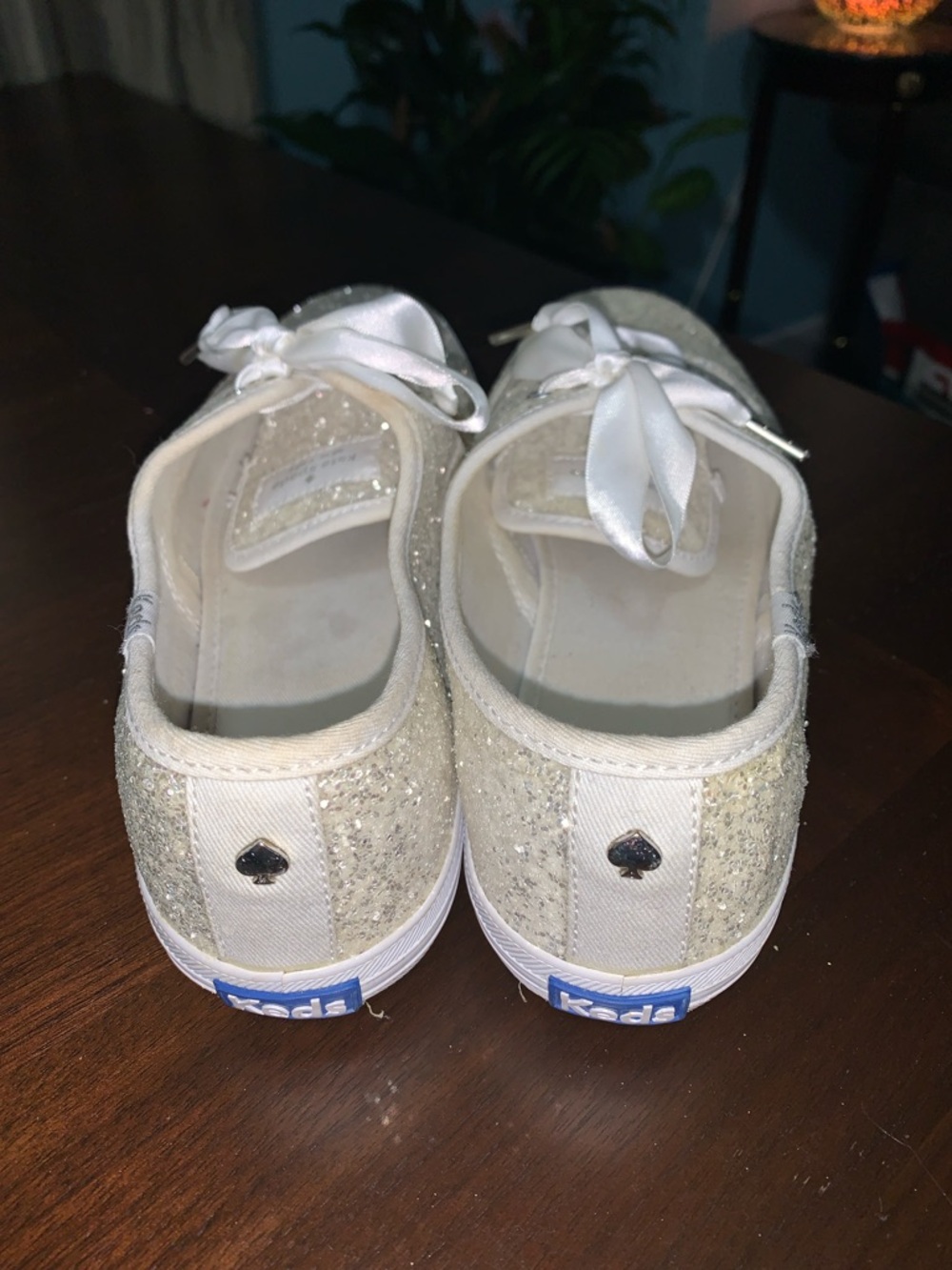 kate spade White Glitter Satin Ribbon Sneakers size 9.5 - Picture 2 of 7